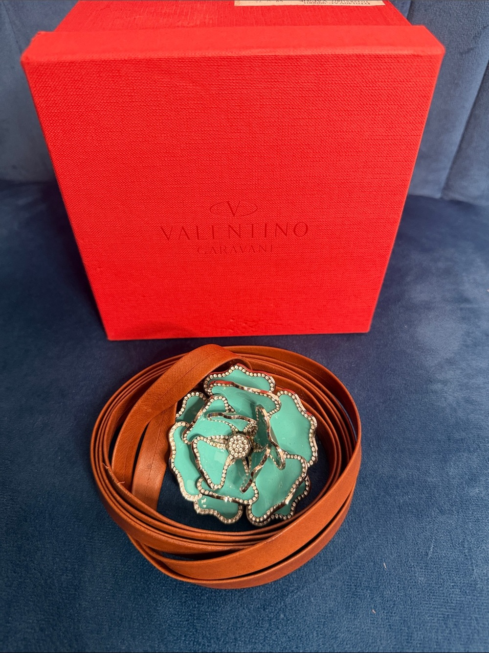 Valentino Garavani Brown Leather Belt with Turquoise Floral Buckle